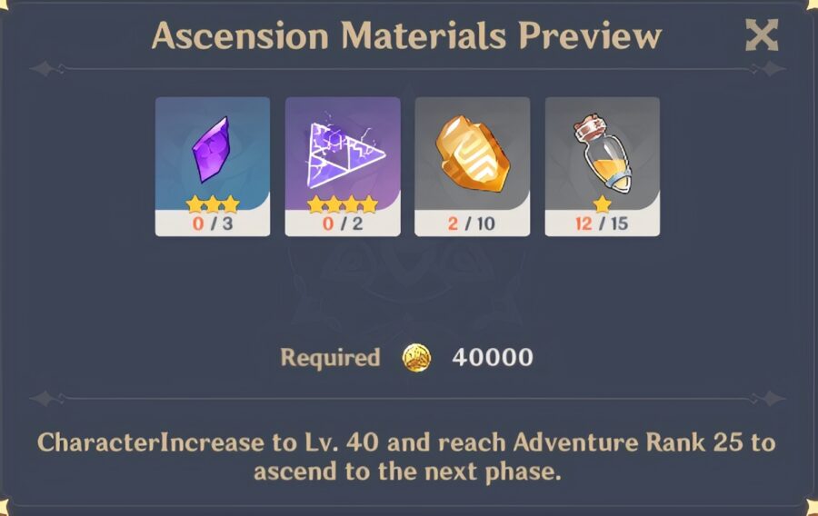 Una captura de pantalla de los materiales necesarios para la Ascensión de nivel 40 en Genshin Impact