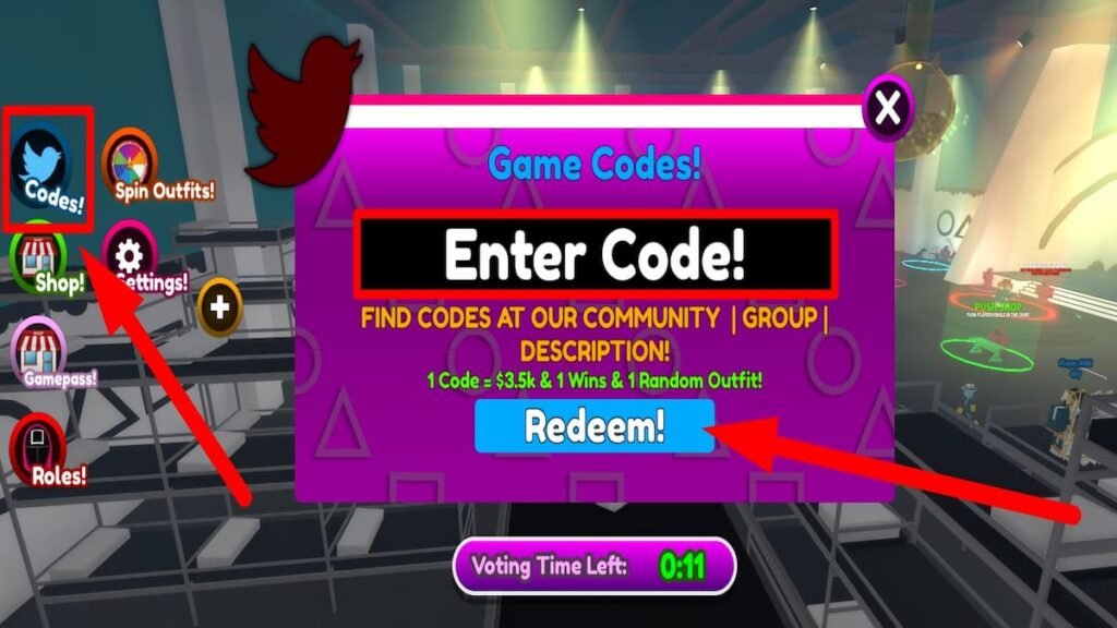 Cuadro de texto de código de canje para Squid O Roblox Game