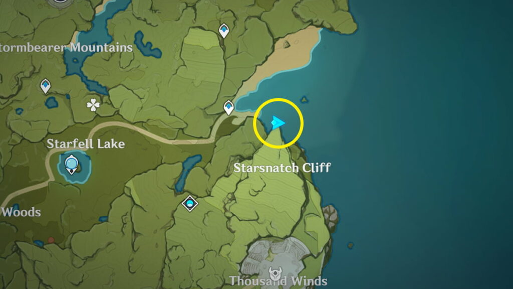 captura de pantalla del mapa de impacto de genshin y la cima del acantilado de Starsnatch en un círculo